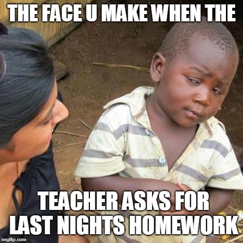Third World Skeptical Kid Meme | THE FACE U MAKE WHEN THE; TEACHER ASKS FOR LAST NIGHTS HOMEWORK | image tagged in memes,third world skeptical kid | made w/ Imgflip meme maker