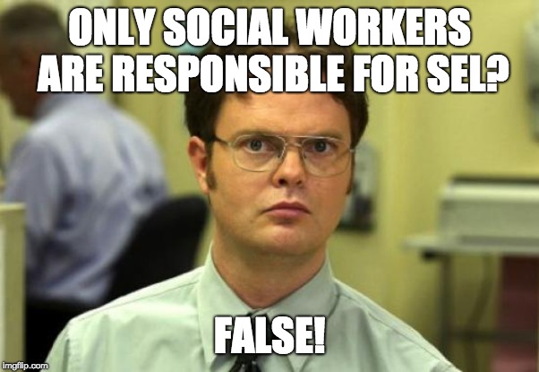 Dwight Schrute Meme | ONLY SOCIAL WORKERS ARE RESPONSIBLE FOR SEL? FALSE! | image tagged in memes,dwight schrute | made w/ Imgflip meme maker