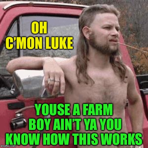 almost redneck | OH C’MON LUKE YOUSE A FARM BOY AIN’T YA YOU KNOW HOW THIS WORKS | image tagged in almost redneck | made w/ Imgflip meme maker