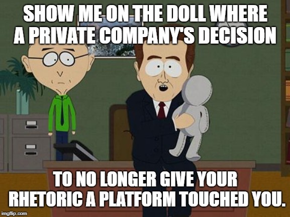 show me on this doll | SHOW ME ON THE DOLL WHERE A PRIVATE COMPANY'S DECISION; TO NO LONGER GIVE YOUR RHETORIC A PLATFORM TOUCHED YOU. | image tagged in show me on this doll | made w/ Imgflip meme maker