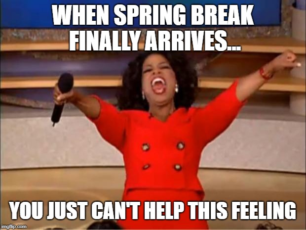 Oprah You Get A Meme | WHEN SPRING BREAK FINALLY ARRIVES... YOU JUST CAN'T HELP THIS FEELING | image tagged in memes,oprah you get a | made w/ Imgflip meme maker