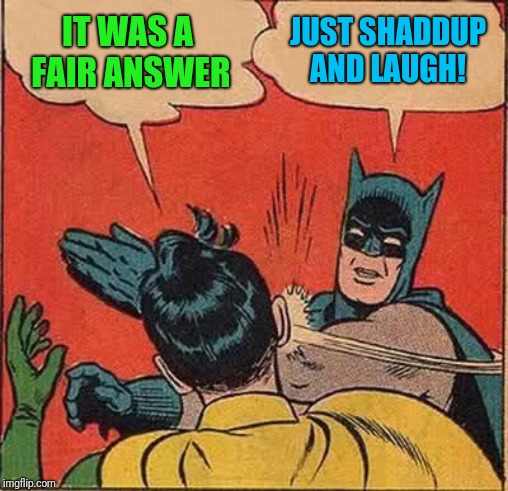 Batman Slapping Robin Meme | IT WAS A FAIR ANSWER JUST SHADDUP AND LAUGH! | image tagged in memes,batman slapping robin | made w/ Imgflip meme maker