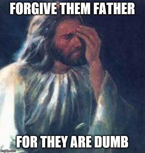 jesus facepalm | FORGIVE THEM FATHER FOR THEY ARE DUMB | image tagged in jesus facepalm | made w/ Imgflip meme maker