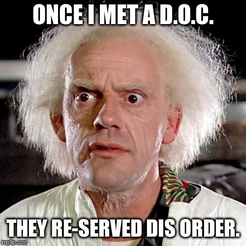 back to the future | ONCE I MET A D.O.C. THEY RE-SERVED DIS ORDER. | image tagged in back to the future | made w/ Imgflip meme maker