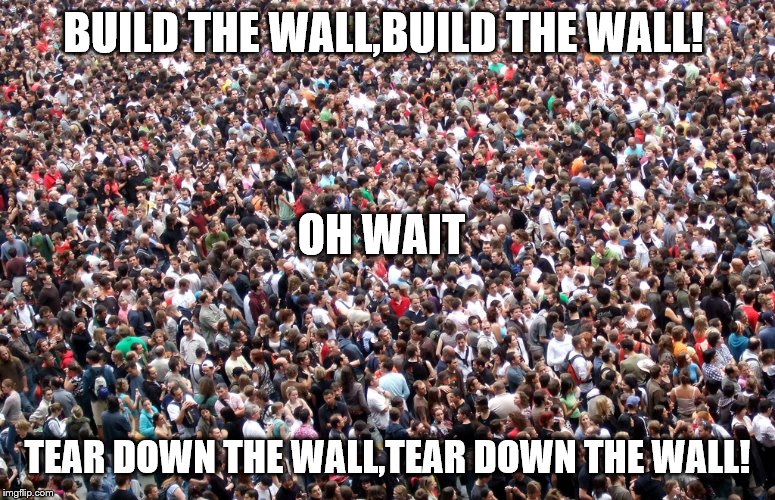 crowd of people | BUILD THE WALL,BUILD THE WALL! TEAR DOWN THE WALL,TEAR DOWN THE WALL! OH WAIT | image tagged in crowd of people | made w/ Imgflip meme maker