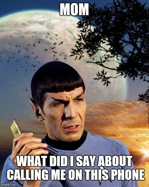 spock phone | MOM; WHAT DID I SAY ABOUT CALLING ME ON THIS PHONE | image tagged in spock phone | made w/ Imgflip meme maker