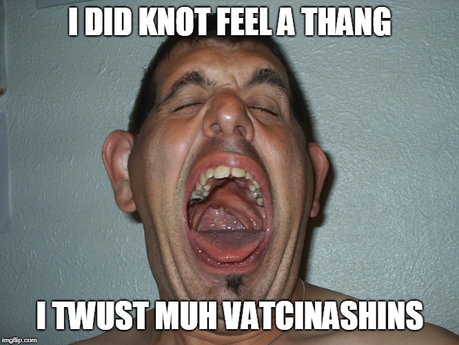 Vaccination Nation | I DID KNOT FEEL A THANG; I TWUST MUH VATCINASHINS | image tagged in measles,vaccination | made w/ Imgflip meme maker