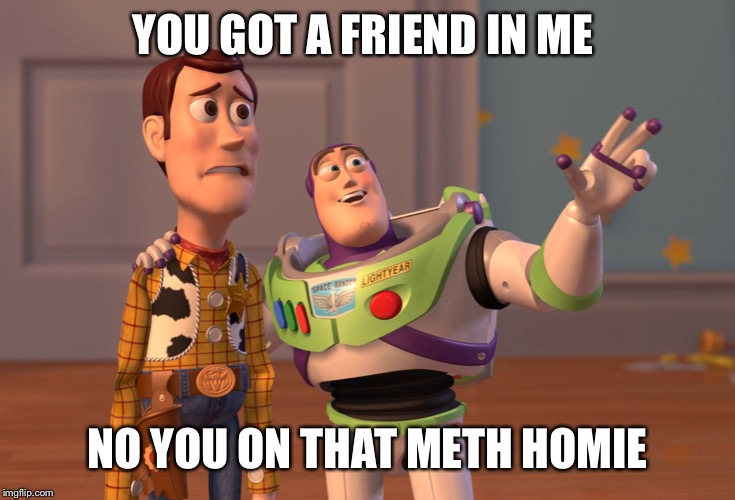 X, X Everywhere | YOU GOT A FRIEND IN ME; NO YOU ON THAT METH HOMIE | image tagged in memes,x x everywhere | made w/ Imgflip meme maker