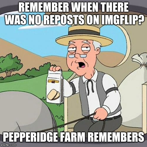 More Like Imgflip Remembers... | REMEMBER WHEN THERE WAS NO REPOSTS ON IMGFLIP? PEPPERIDGE FARM REMEMBERS | image tagged in memes,pepperidge farm remembers,imgflip,imgflip users | made w/ Imgflip meme maker