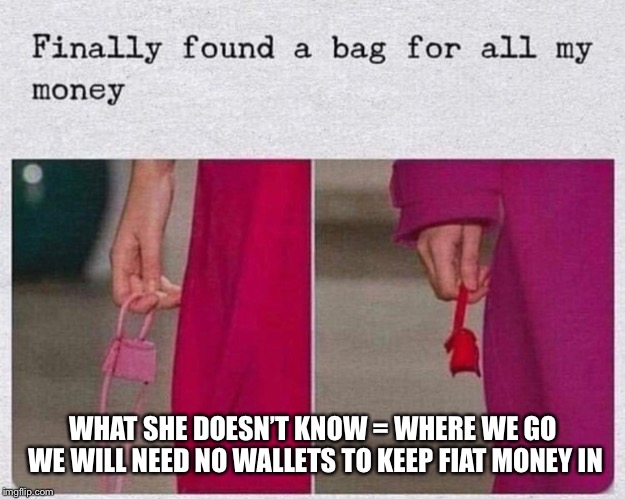 WHAT SHE DOESN’T KNOW = WHERE WE GO WE WILL NEED NO WALLETS TO KEEP FIAT MONEY IN | made w/ Imgflip meme maker