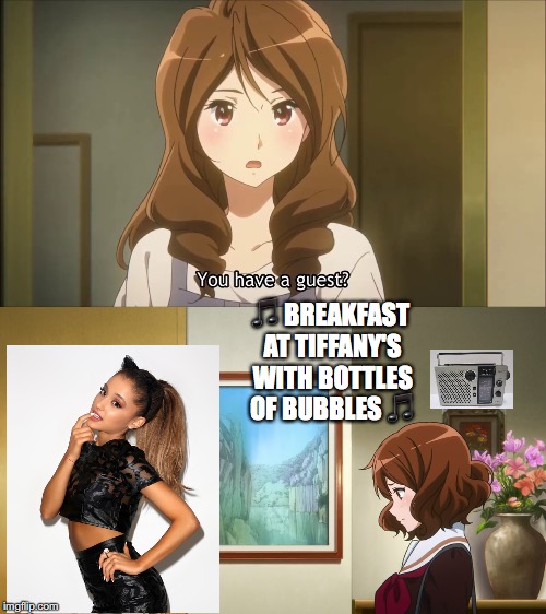 7 Rings | 🎵 BREAKFAST AT TIFFANY'S WITH BOTTLES OF BUBBLES 🎵 | image tagged in anime,ariana grande,7 rings,cute girl | made w/ Imgflip meme maker