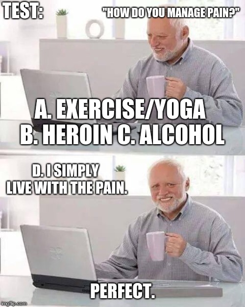 That's why they call him that! | "HOW DO YOU MANAGE PAIN?"; TEST:; A. EXERCISE/YOGA B. HEROIN C. ALCOHOL; D. I SIMPLY LIVE WITH THE PAIN. PERFECT. | image tagged in memes,hide the pain harold | made w/ Imgflip meme maker