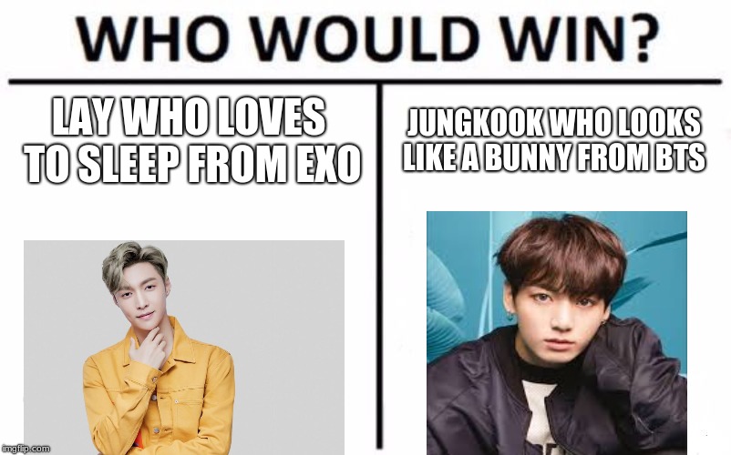 Who Would Win? | LAY WHO LOVES TO SLEEP FROM EXO; JUNGKOOK WHO LOOKS LIKE A BUNNY FROM BTS | image tagged in memes,who would win | made w/ Imgflip meme maker