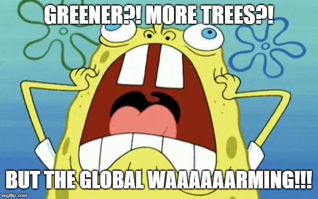 Greener?! More trees?! But the global warming!!! |  GREENER?! MORE TREES?! BUT THE GLOBAL WAAAAAARMING!!! | image tagged in oh no,green,trees,global warming,climate | made w/ Imgflip meme maker