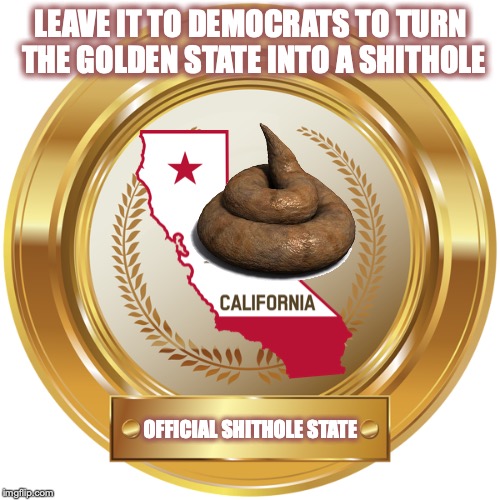 California the Shithole State | LEAVE IT TO DEMOCRATS TO TURN THE GOLDEN STATE INTO A SHITHOLE; OFFICIAL SHITHOLE STATE | image tagged in democrat policy,poverty,despair,homelessness | made w/ Imgflip meme maker