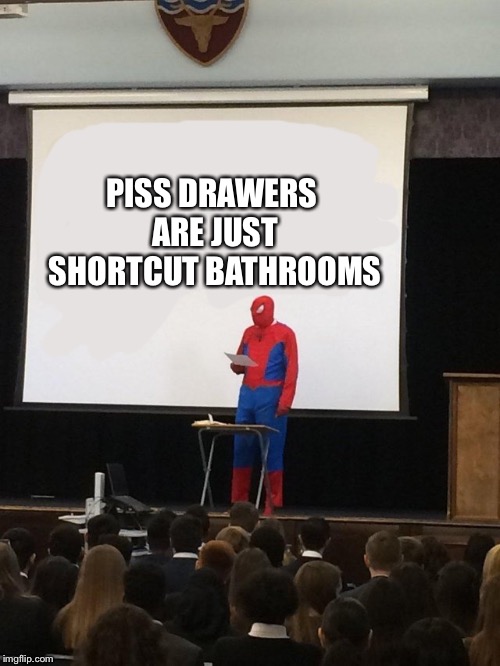 Teaching spiderman | PISS DRAWERS ARE JUST SHORTCUT BATHROOMS | image tagged in teaching spiderman | made w/ Imgflip meme maker