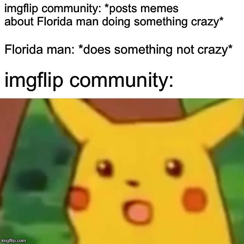 This is for all the peeps that keep posting memes about some Florida man doing something | imgflip community: *posts memes about Florida man doing something crazy*; Florida man: *does something not crazy*; imgflip community: | image tagged in memes,surprised pikachu,florida man,imgflip,crazy | made w/ Imgflip meme maker