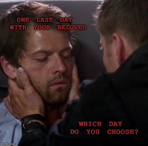 One last day with your beloved  | ONE LAST DAY WITH YOUR BELOVED; WHICH DAY DO YOU CHOOSE? | image tagged in supernatural,supernatural dean winchester,supernatural dean | made w/ Imgflip meme maker