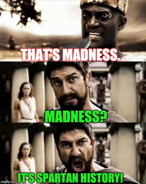 This Is Sparta meme | THAT'S MADNESS. MADNESS? IT'S SPARTAN HISTORY! | image tagged in this is sparta meme | made w/ Imgflip meme maker
