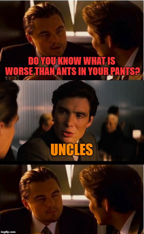 Inception Meme | DO YOU KNOW WHAT IS WORSE THAN ANTS IN YOUR PANTS? UNCLES | image tagged in memes,inception | made w/ Imgflip meme maker