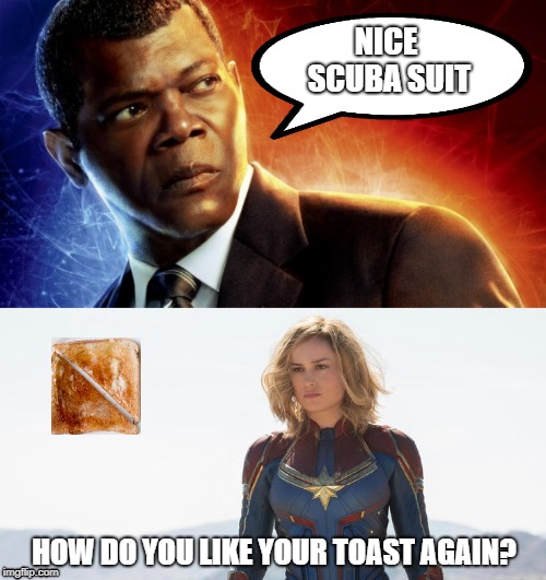Nick Fury Toast | NICE SCUBA SUIT; HOW DO YOU LIKE YOUR TOAST AGAIN? | image tagged in captain marvel,nick fury,toast,scuba suit | made w/ Imgflip meme maker