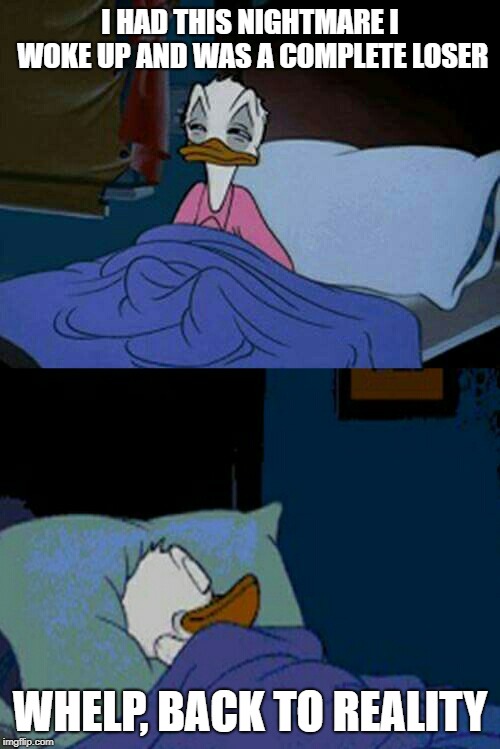 Delusional duck | I HAD THIS NIGHTMARE I WOKE UP AND WAS A COMPLETE LOSER; WHELP, BACK TO REALITY | image tagged in sleepy donald duck in bed,memes,nightmare,reality | made w/ Imgflip meme maker