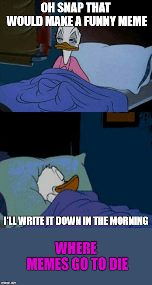 Death of a meme | OH SNAP THAT WOULD MAKE A FUNNY MEME; I'LL WRITE IT DOWN IN THE MORNING; WHERE MEMES GO TO DIE | image tagged in sleepy donald duck in bed,memes,procrastination | made w/ Imgflip meme maker