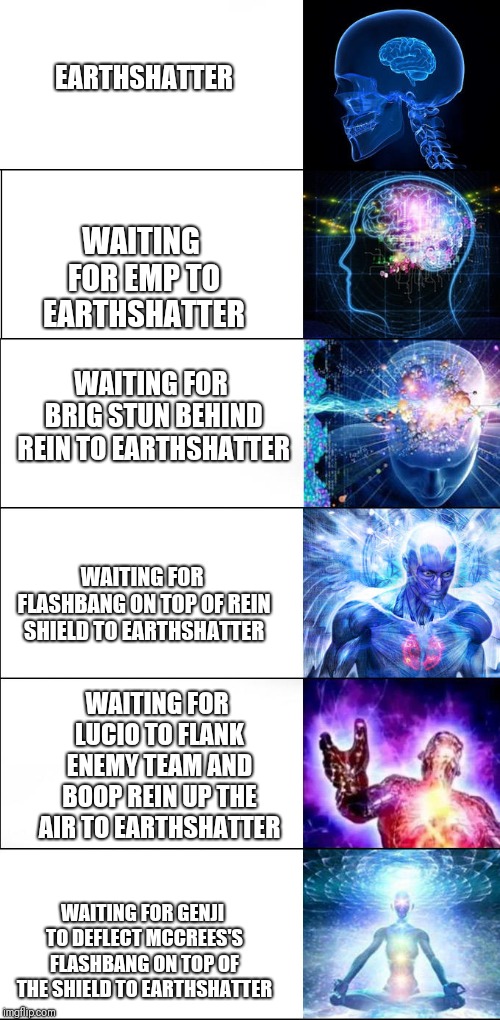 Expanding brain | EARTHSHATTER; WAITING FOR EMP TO EARTHSHATTER; WAITING FOR BRIG STUN BEHIND REIN TO EARTHSHATTER; WAITING FOR FLASHBANG ON TOP OF REIN SHIELD TO EARTHSHATTER; WAITING FOR LUCIO TO FLANK ENEMY TEAM AND BOOP REIN UP THE AIR TO EARTHSHATTER; WAITING FOR GENJI TO DEFLECT MCCREES'S FLASHBANG ON TOP OF THE SHIELD TO EARTHSHATTER | image tagged in expanding brain | made w/ Imgflip meme maker