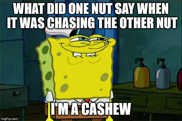 Bad Pun Spongebob | WHAT DID ONE NUT SAY WHEN IT WAS CHASING THE OTHER NUT; I'M A CASHEW | image tagged in memes,dont you squidward,bad pun,nut,cashew | made w/ Imgflip meme maker