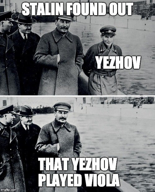 Stalin Photoshop | STALIN FOUND OUT; YEZHOV; THAT YEZHOV PLAYED VIOLA | image tagged in stalin photoshop | made w/ Imgflip meme maker