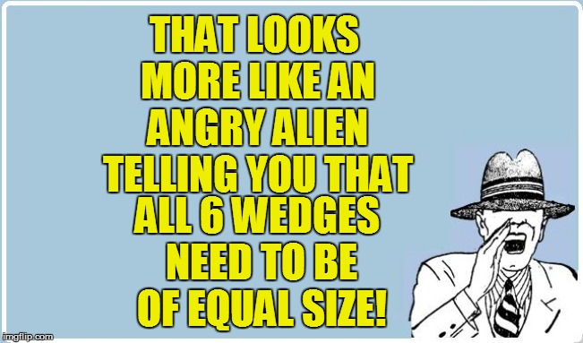THAT LOOKS MORE LIKE AN ANGRY ALIEN TELLING YOU THAT ALL 6 WEDGES NEED TO BE OF EQUAL SIZE! | made w/ Imgflip meme maker