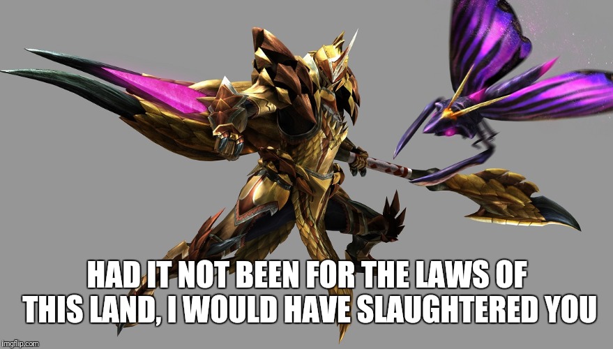Had it not been for the laws of this land: Monster Hunter edition  | HAD IT NOT BEEN FOR THE LAWS OF THIS LAND, I WOULD HAVE SLAUGHTERED YOU | image tagged in video games | made w/ Imgflip meme maker