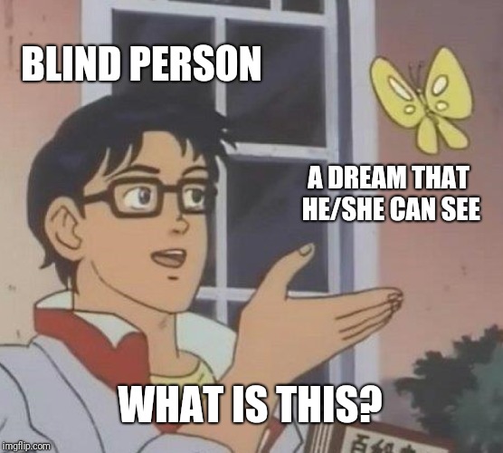 Is This A Pigeon Meme | BLIND PERSON A DREAM THAT HE/SHE CAN SEE WHAT IS THIS? | image tagged in memes,is this a pigeon | made w/ Imgflip meme maker