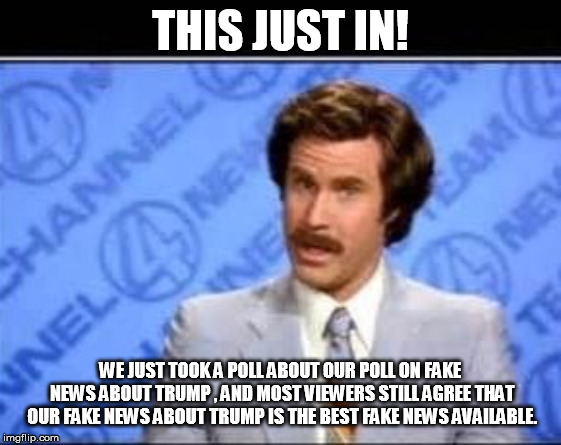 News about polls- circular reasoning at it's finest | THIS JUST IN! WE JUST TOOK A POLL ABOUT OUR POLL ON FAKE NEWS ABOUT TRUMP , AND MOST VIEWERS STILL AGREE THAT OUR FAKE NEWS ABOUT TRUMP IS THE BEST FAKE NEWS AVAILABLE. | image tagged in will farrel | made w/ Imgflip meme maker