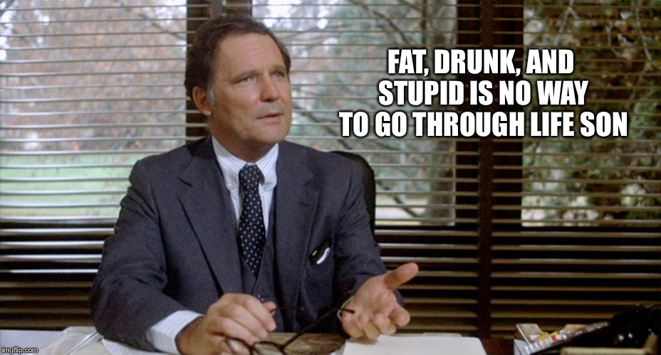 Animal House Dean Wormer | FAT, DRUNK, AND STUPID IS NO WAY TO GO THROUGH LIFE SON | image tagged in animal house dean wormer | made w/ Imgflip meme maker