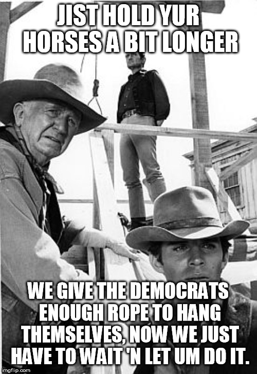 I reckon they'll be along any minute with an anti- hate resolution to show how much they hate Trump. | JIST HOLD YUR HORSES A BIT LONGER; WE GIVE THE DEMOCRATS ENOUGH ROPE TO HANG THEMSELVES, NOW WE JUST HAVE TO WAIT 'N LET UM DO IT. | image tagged in will sonnett | made w/ Imgflip meme maker