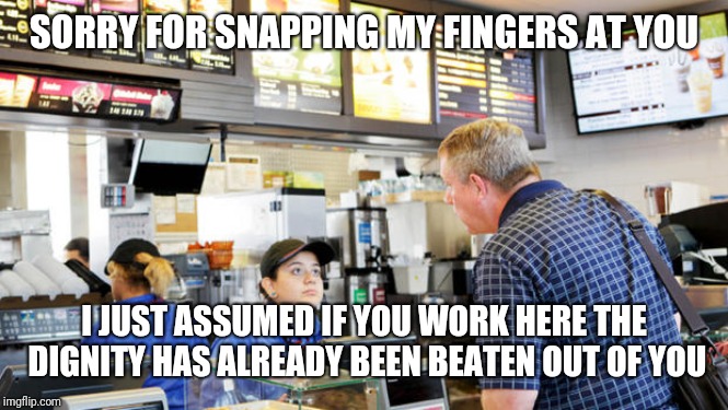 Confused McDonalds Cashier | SORRY FOR SNAPPING MY FINGERS AT YOU I JUST ASSUMED IF YOU WORK HERE THE DIGNITY HAS ALREADY BEEN BEATEN OUT OF YOU | image tagged in confused mcdonalds cashier | made w/ Imgflip meme maker