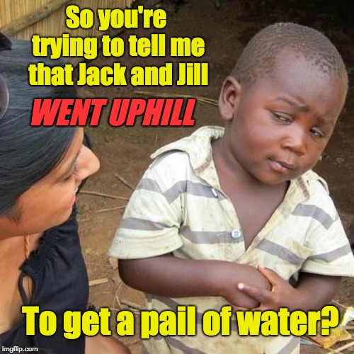 Third World Skeptical Kid Meme | So you're trying to tell me that Jack and Jill; WENT UPHILL; To get a pail of water? | image tagged in memes,third world skeptical kid | made w/ Imgflip meme maker