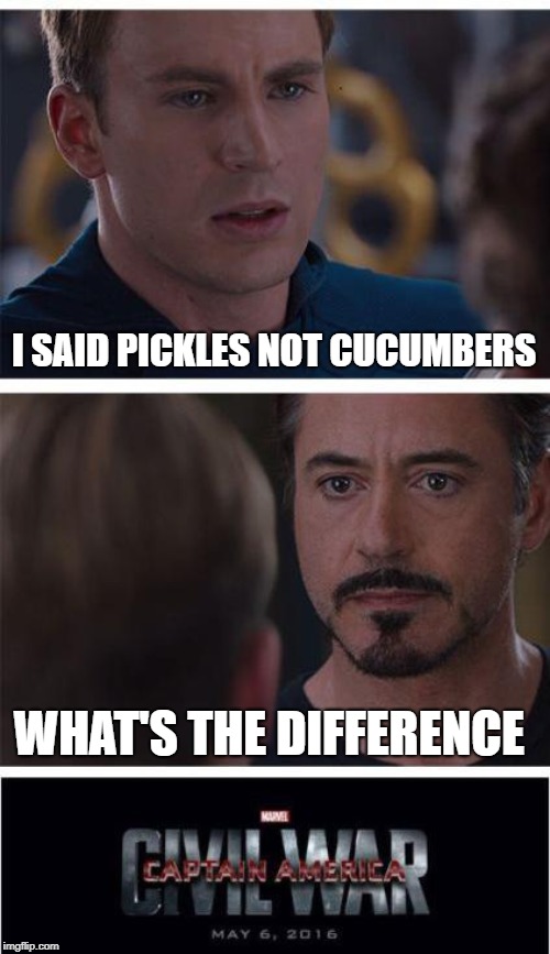 Marvel Civil War 1 | I SAID PICKLES NOT CUCUMBERS; WHAT'S THE DIFFERENCE | image tagged in memes,marvel civil war 1 | made w/ Imgflip meme maker