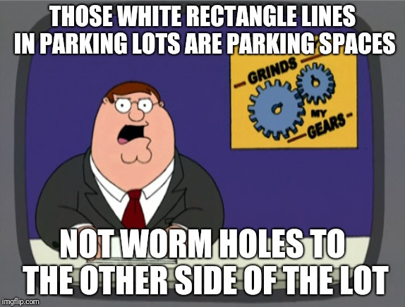 Peter Griffin News Meme | THOSE WHITE RECTANGLE LINES IN PARKING LOTS ARE PARKING SPACES; NOT WORM HOLES TO THE OTHER SIDE OF THE LOT | image tagged in memes,peter griffin news | made w/ Imgflip meme maker