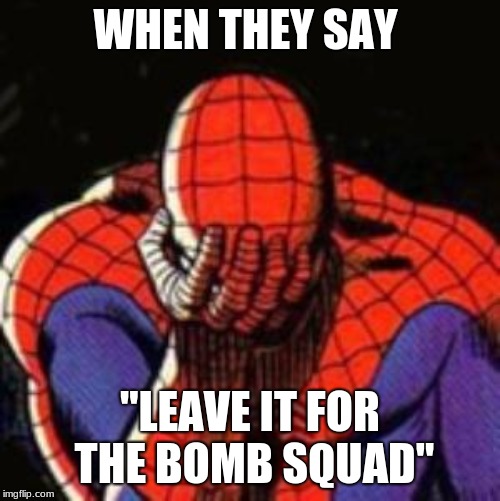 Sad Spiderman | WHEN THEY SAY; "LEAVE IT FOR THE BOMB SQUAD" | image tagged in memes,sad spiderman,spiderman | made w/ Imgflip meme maker