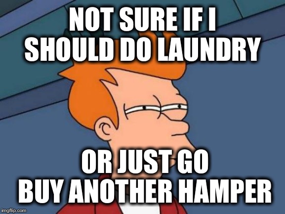 I really hate doing laundry! | NOT SURE IF I SHOULD DO LAUNDRY; OR JUST GO BUY ANOTHER HAMPER | image tagged in memes,futurama fry,a real dilemma | made w/ Imgflip meme maker