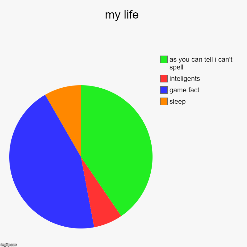 my life | sleep, game fact, inteligents, as you can tell i can't spell | image tagged in charts,pie charts | made w/ Imgflip chart maker