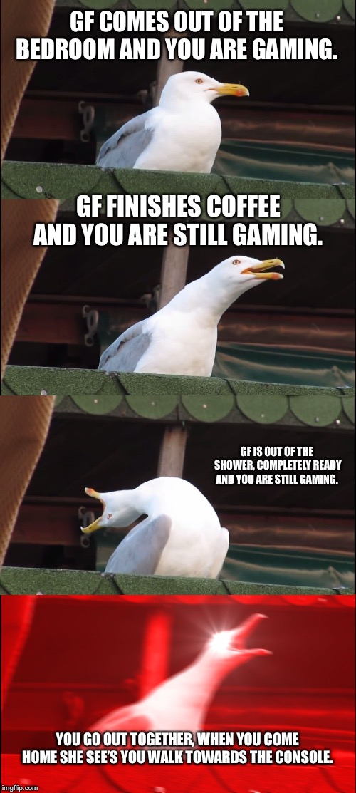 Inhaling Seagull | GF COMES OUT OF THE BEDROOM AND YOU ARE GAMING. GF FINISHES COFFEE AND YOU ARE STILL GAMING. GF IS OUT OF THE SHOWER, COMPLETELY READY AND YOU ARE STILL GAMING. YOU GO OUT TOGETHER, WHEN YOU COME HOME SHE SEE’S YOU WALK TOWARDS THE CONSOLE. | image tagged in memes,inhaling seagull | made w/ Imgflip meme maker