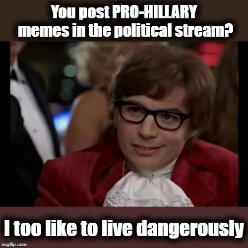 I Too Like To Live Dangerously Meme | You post PRO-HILLARY memes in the political stream? I too like to live dangerously | image tagged in memes,i too like to live dangerously | made w/ Imgflip meme maker
