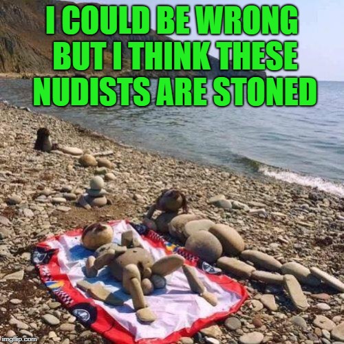 Stoned Nudists! | I COULD BE WRONG BUT I THINK THESE NUDISTS ARE STONED | image tagged in nudists,memes,stoned,the beach,funny,sunbathing | made w/ Imgflip meme maker