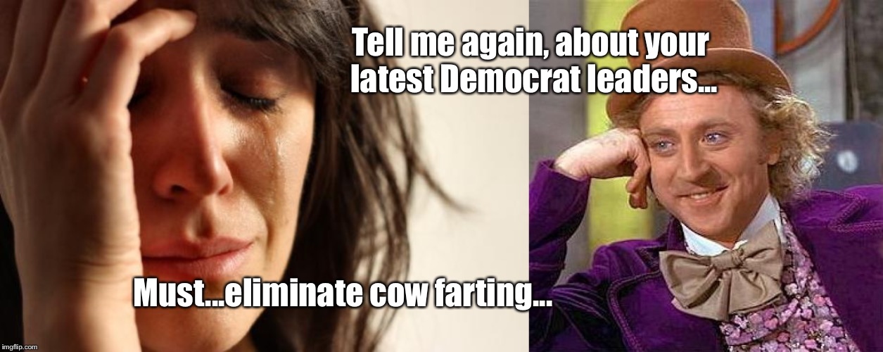 The Green Dilemma  | Tell me again, about your latest Democrat leaders... Must...eliminate cow farting... | image tagged in memes,first world problems,creepy condescending wonka,green,green party,democrats | made w/ Imgflip meme maker
