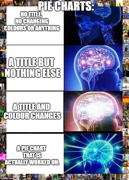 Expanding Brain Meme | NO TITLE, NO CHANGING COLOURS OR ANYTHING A TITLE BUT NOTHING ELSE A TITLE AND COLOUR CHANGES A PIE CHART THAT IS ACTUALLY WORKED ON. PIE CH | image tagged in memes,expanding brain | made w/ Imgflip meme maker