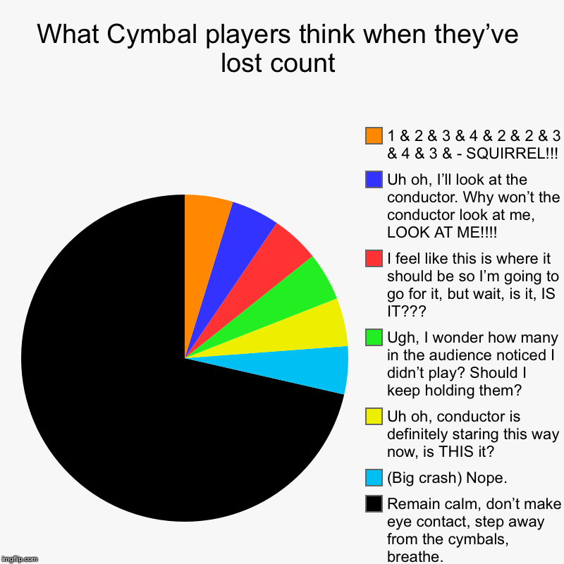 What Cymbal players think when they’ve lost count | Remain calm, don’t make eye contact, step away from the cymbals, breathe., (Big crash) N | image tagged in charts,pie charts | made w/ Imgflip chart maker