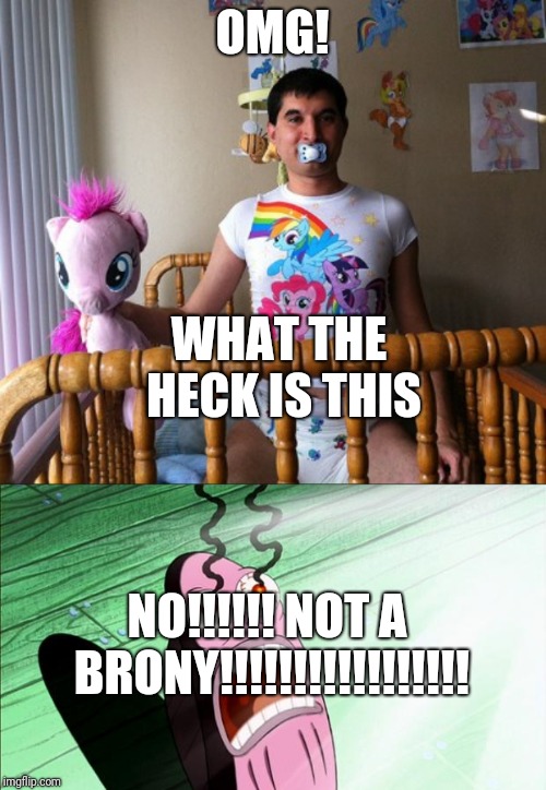OMG! WHAT THE HECK IS THIS; NO!!!!!! NOT A BRONY!!!!!!!!!!!!!!!!! | image tagged in spongebob my eyes,brony | made w/ Imgflip meme maker